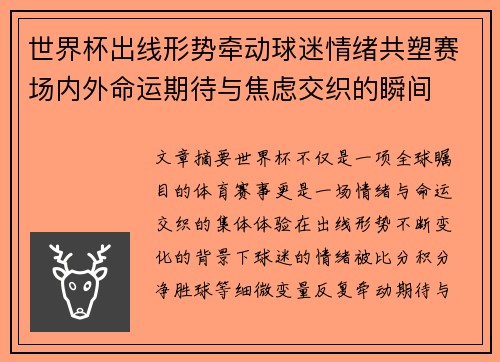 世界杯出线形势牵动球迷情绪共塑赛场内外命运期待与焦虑交织的瞬间