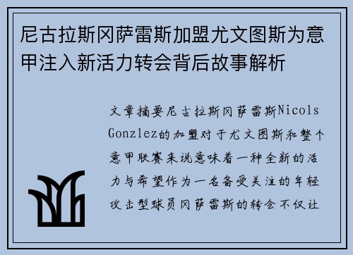 尼古拉斯冈萨雷斯加盟尤文图斯为意甲注入新活力转会背后故事解析 尼古拉斯冈萨雷斯加盟尤文图斯为意甲注入新活力转会背后故事解析