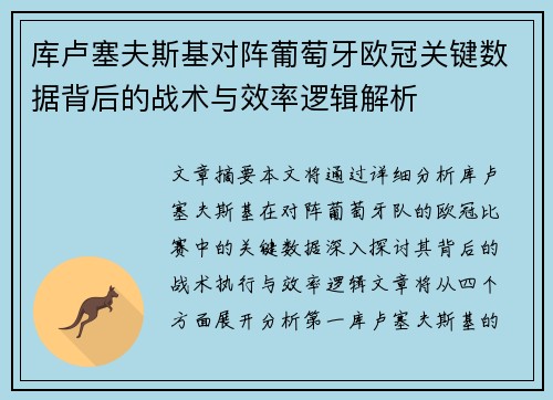 库卢塞夫斯基对阵葡萄牙欧冠关键数据背后的战术与效率逻辑解析